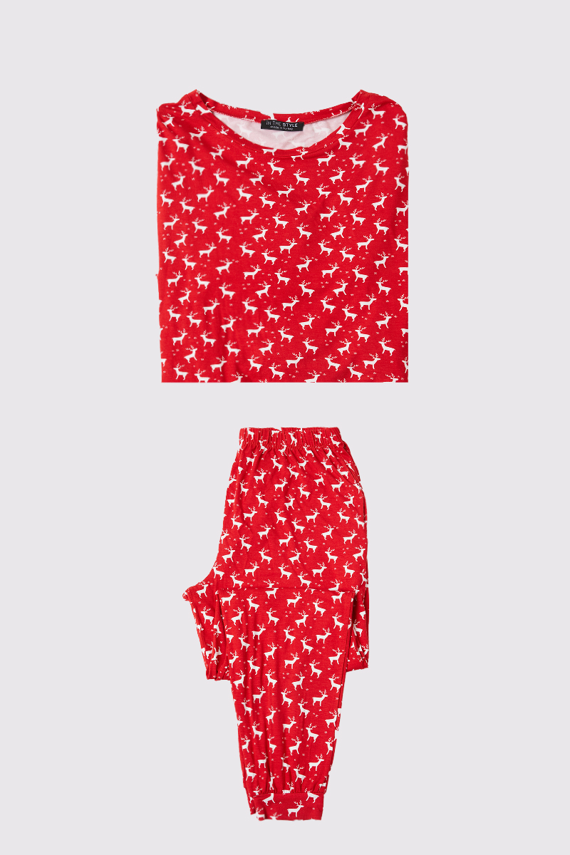 Navy Sets - Red Womens Reindeer Print Long Sleeve Matching Family Christmas Pj Set