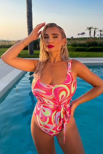 BILLIE FAIERS PINK ABSTRACT PRINT TIE BELTED SWIMSUIT