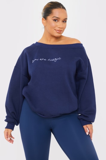 NAVY 'YOU ARE MAGIC' EMBROIDERED OFF SHOULDER SWEATSHIRT