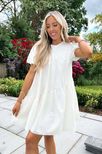LISA JORDAN WHITE ASYMMETRIC TIERS MINI SMOCK DRESS