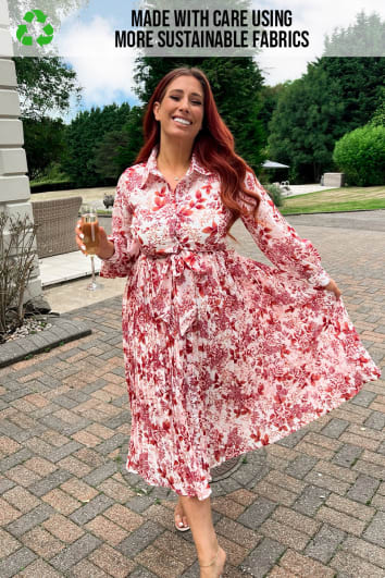 STACEY SOLOMON RED FLORAL RECYCLED PLEATED MIDI SHIRT DRESS