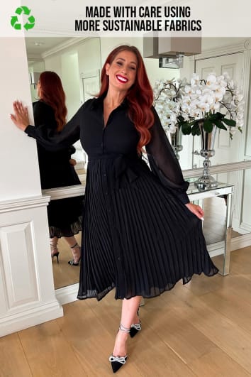 STACEY SOLOMON BLACK RECYCLED PLEATED MIDI SHIRT DRESS