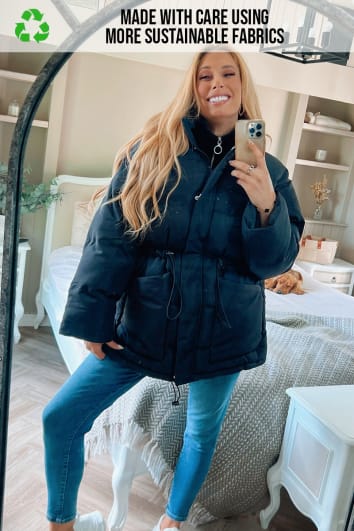 STACEY SOLOMON RECYCLED BLACK ELASTICATED WAIST PUFFER COAT