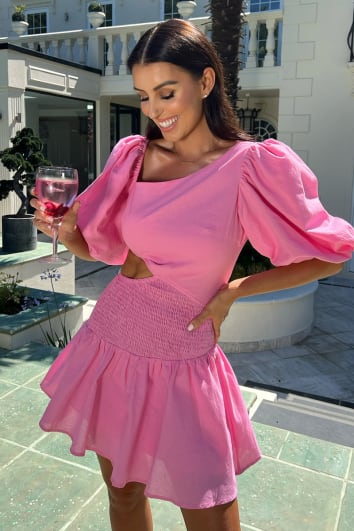 TERRIE MCEVOY PINK PUFF SLEEVE CUT OUT SHIRRED DRESS