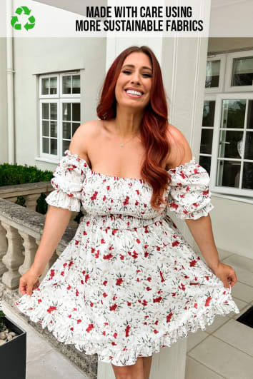 STACEY SOLOMON CREAM FLORAL BARDOT RECYCLED SHIRRED BOW BACK MINI DRESS