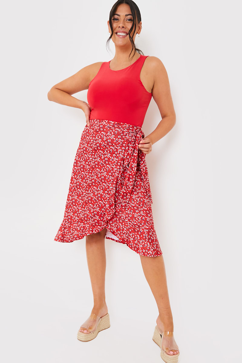 ASH RED DITSY JERSEY WRAP SKIRT