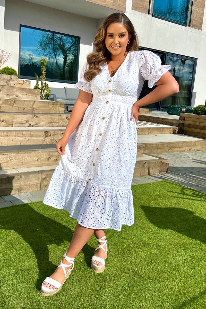 JAC JOSSA WHITE BRODERIE ANGLAISE TIERED MILKMAID MIDAXI DRESS