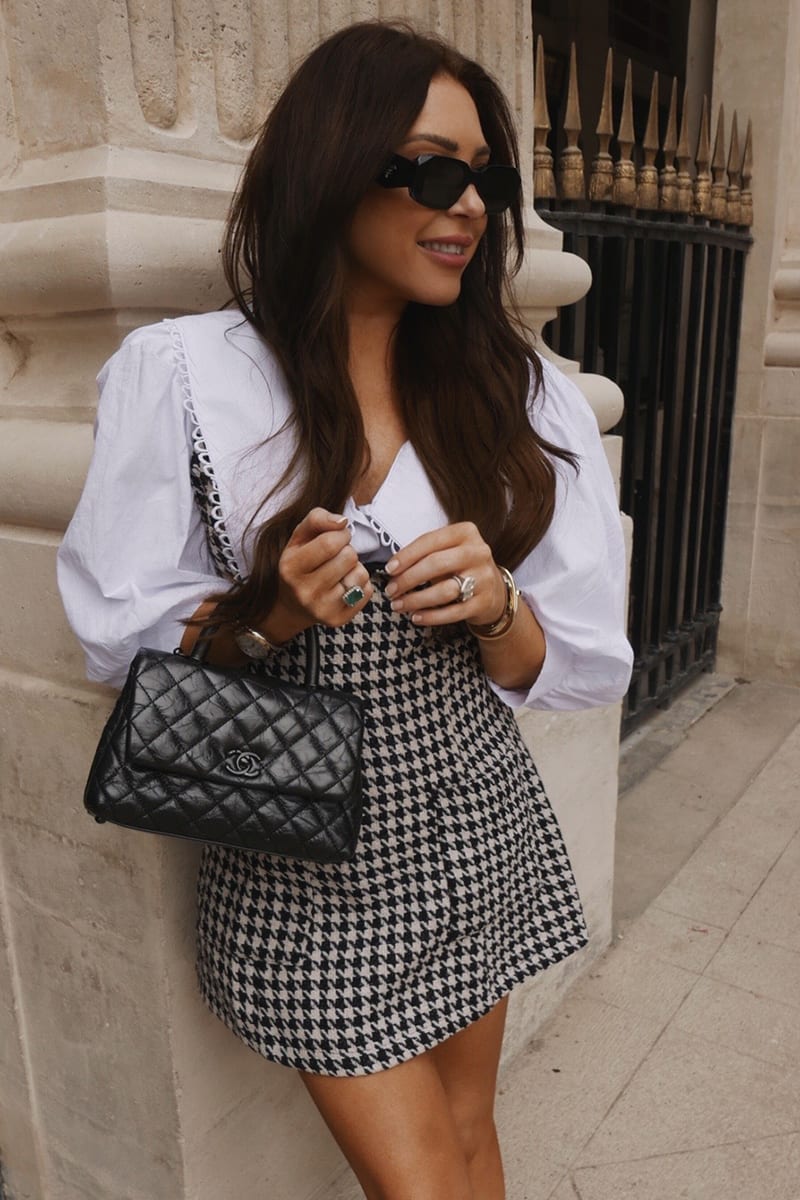 LORNA LUXE BLACK 'MISS KATE' HOUNDSTOOTH V NECK PINAFORE DRESS