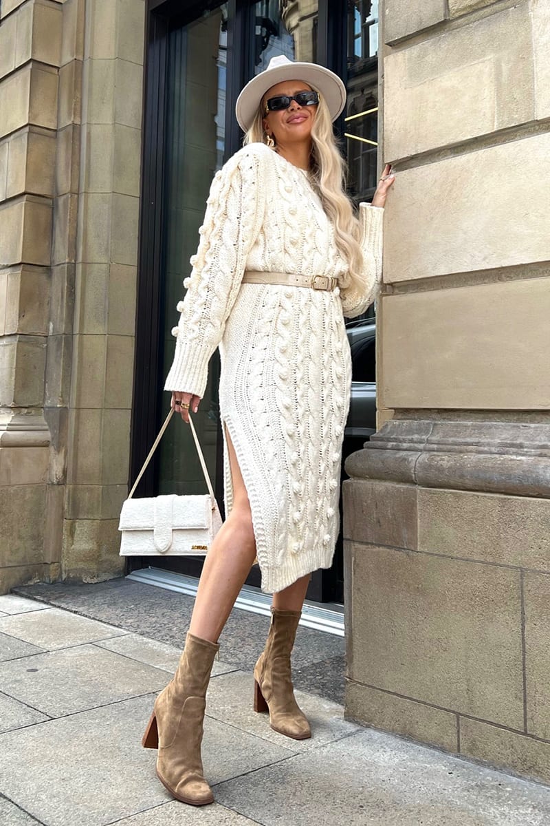 PERRIE SIAN CREAM CABLE KNIT MIDI DRESS