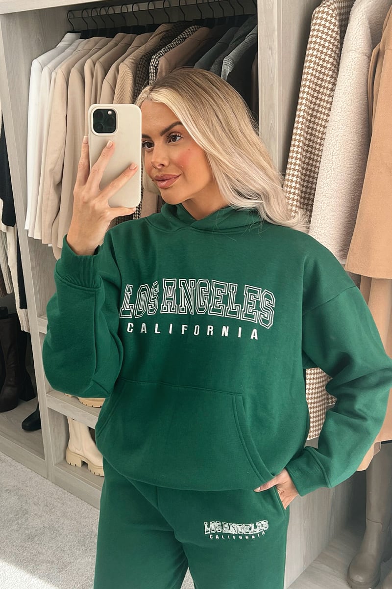 PERRIE SIAN GREEN EMBROIDERED 'LOS ANGELES' SLOGAN OVERSIZED HOODIE