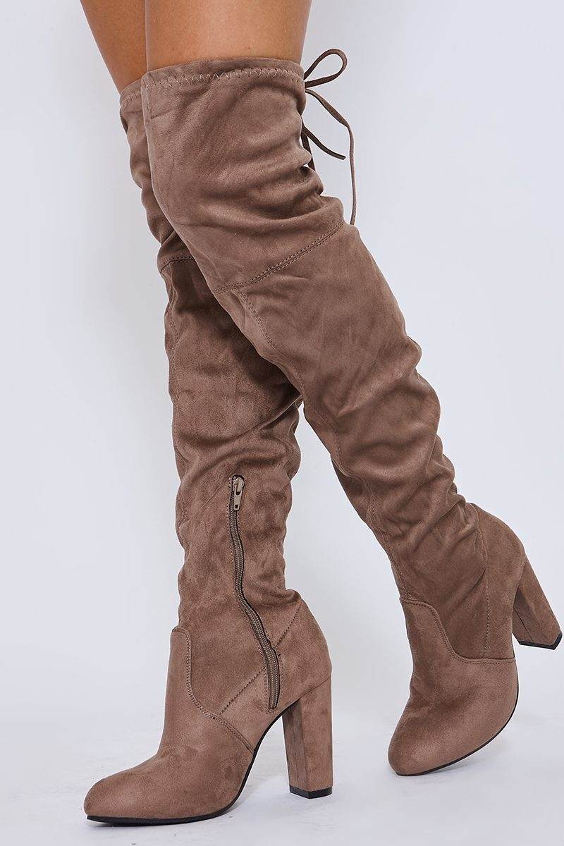 mocha faux suede over the knee heeled boots