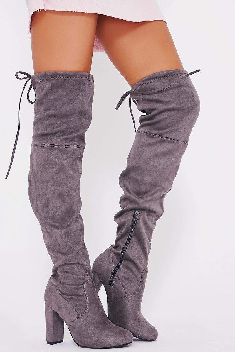 Grey Faux Suede Over The Knee Heeled 