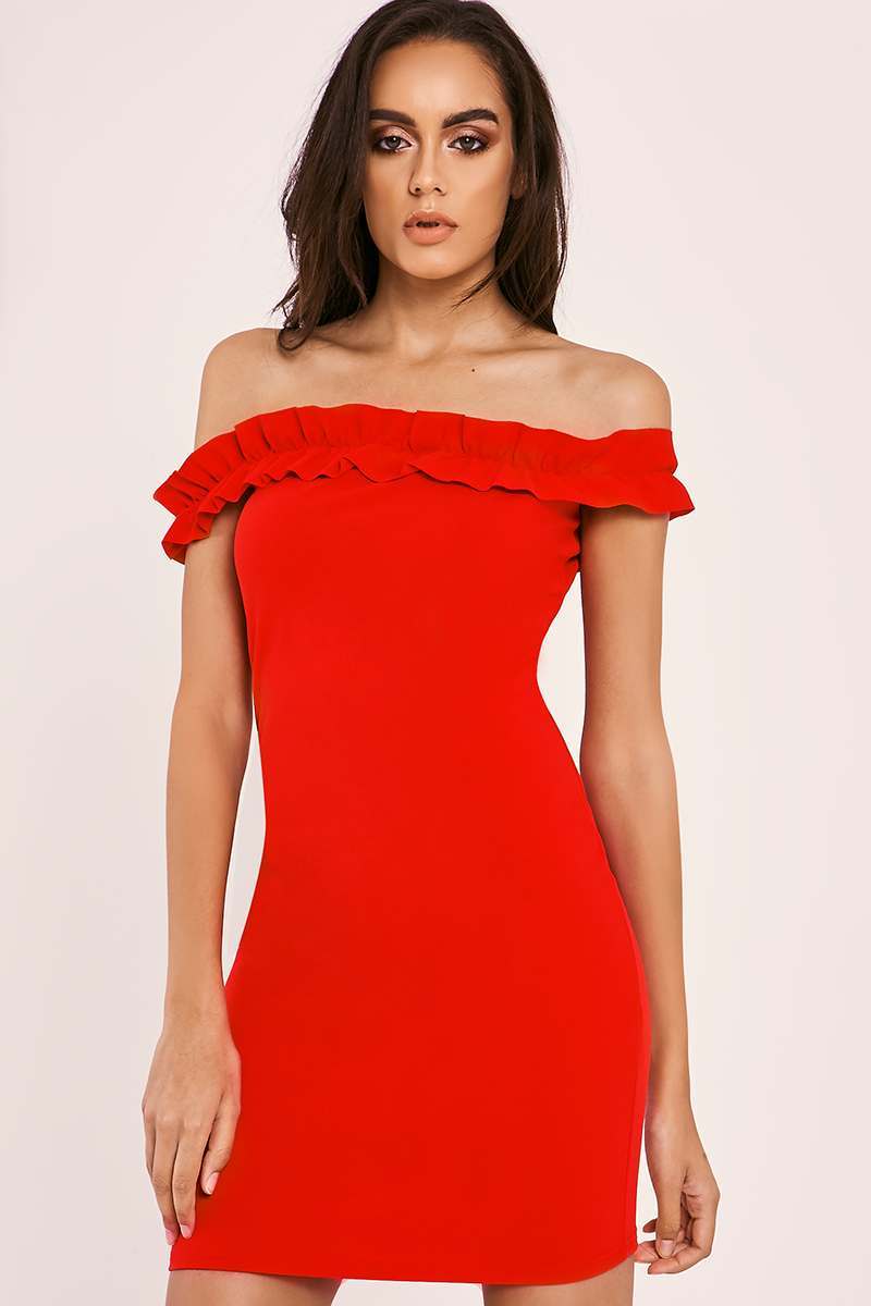 red frill bardot mini dress