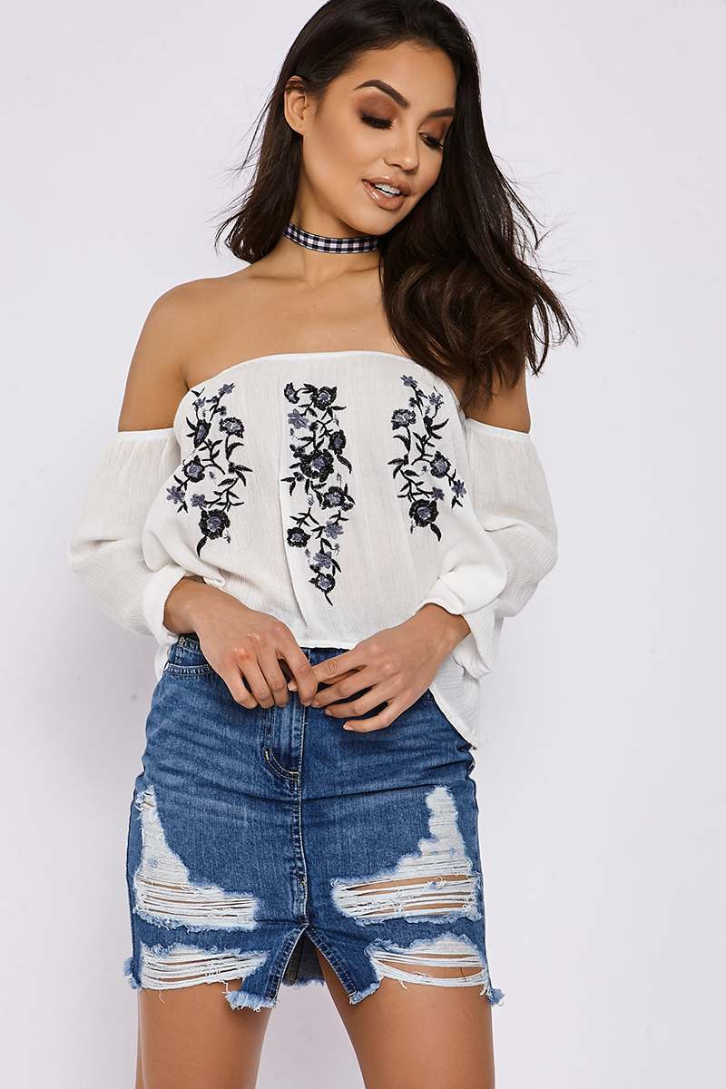 white floral embroidered bardot top