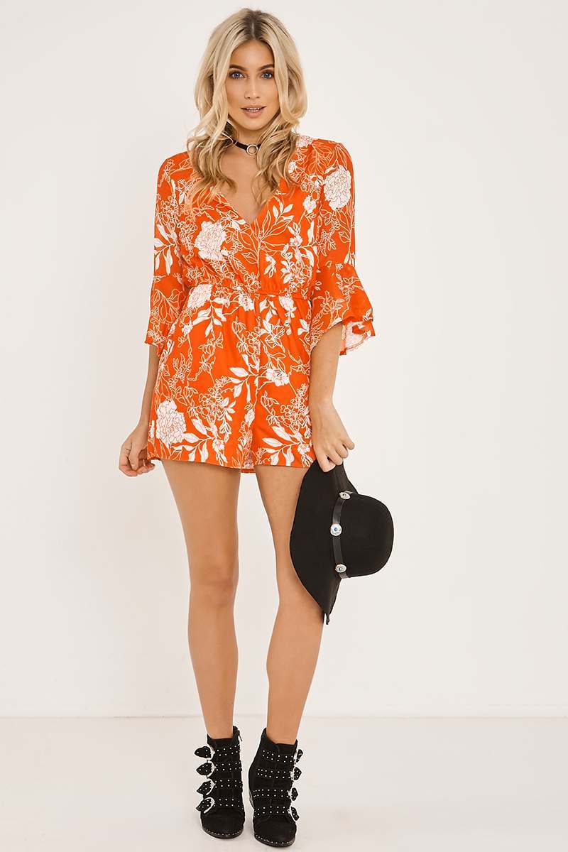 red floral print flare sleeve playsuit