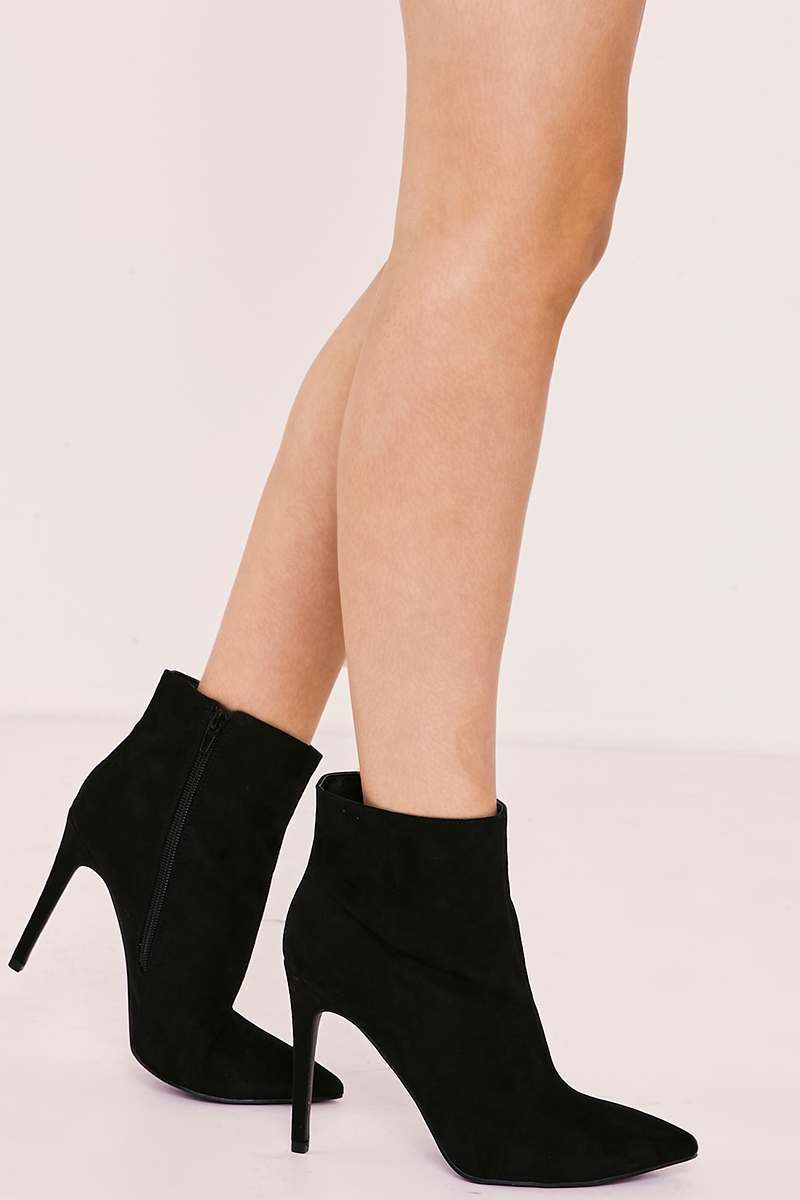 black faux suede heeled ankle boots