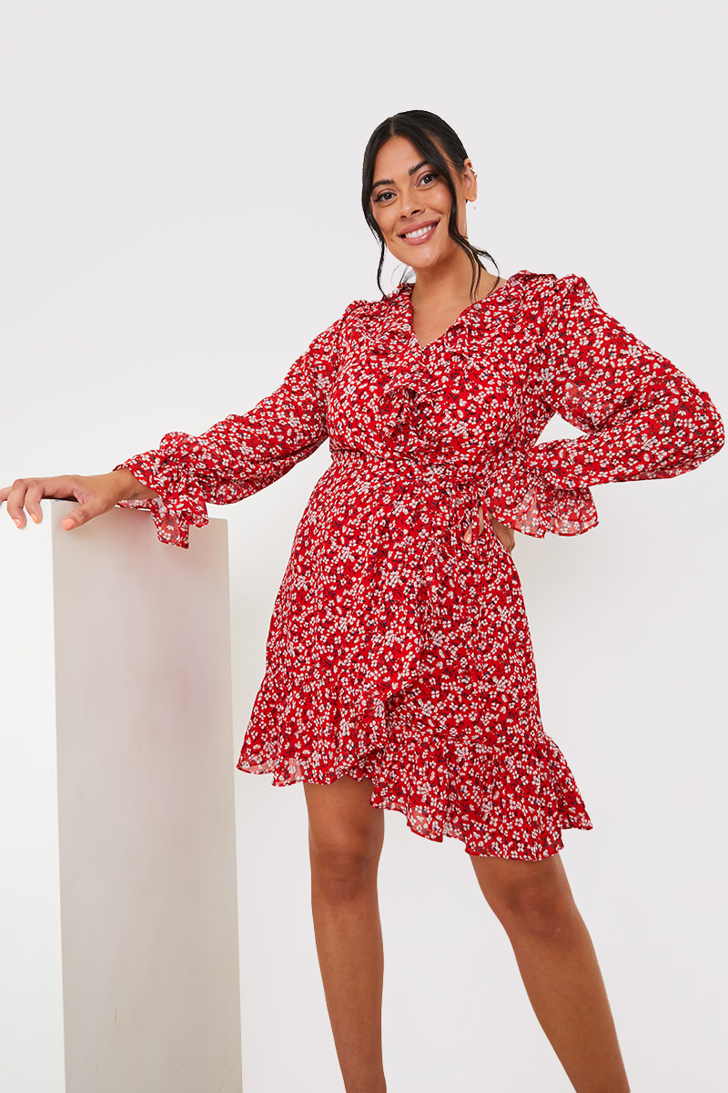 ASH RED FLORAL FRILL DETAIL WRAP DRESS