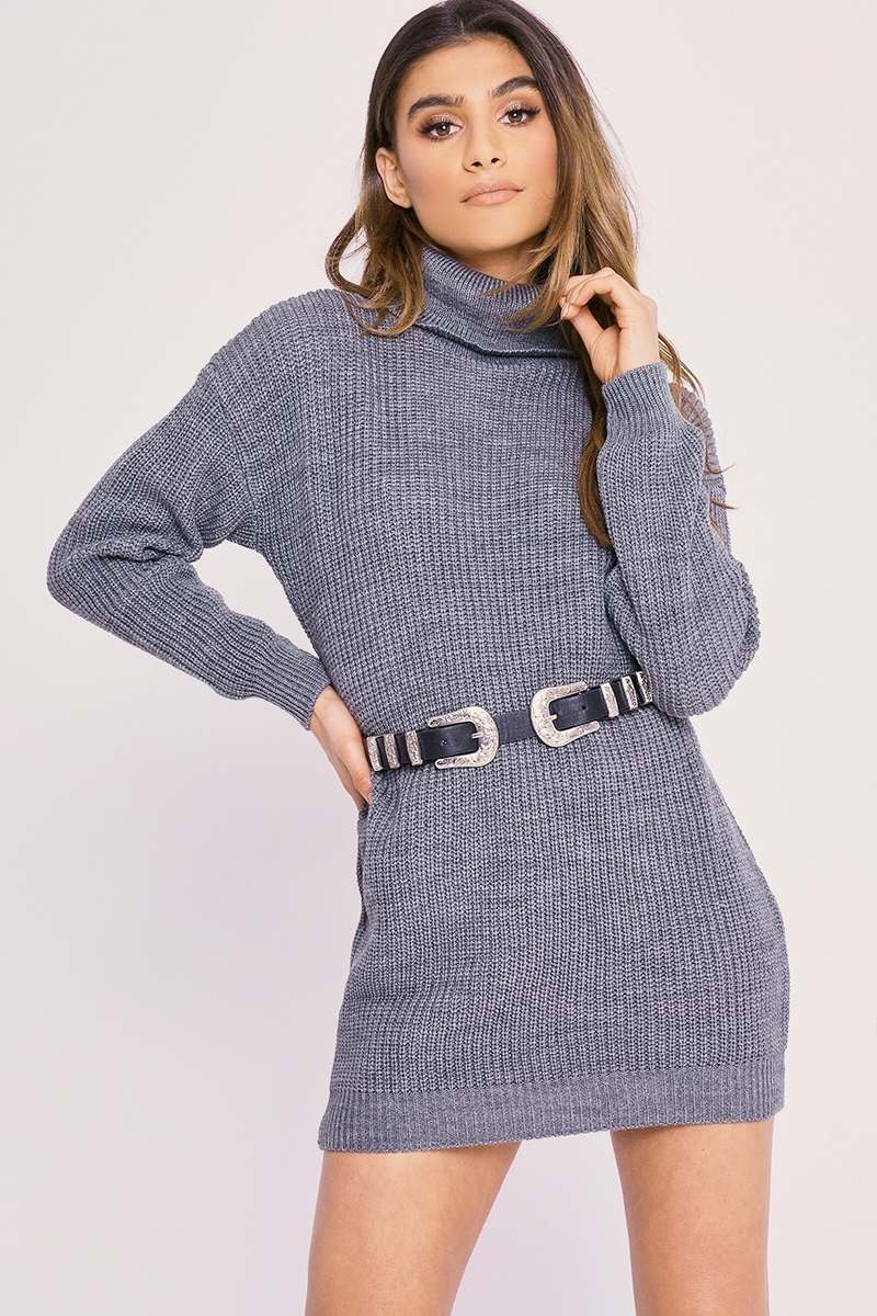 CHARLOTTE CROSBY GREY ROLL NECK OVERSIZED KNITTED JUMPER DRESS
