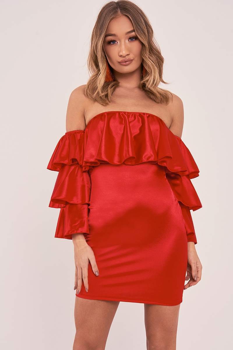 red satin ruffle sleeve bardot dress