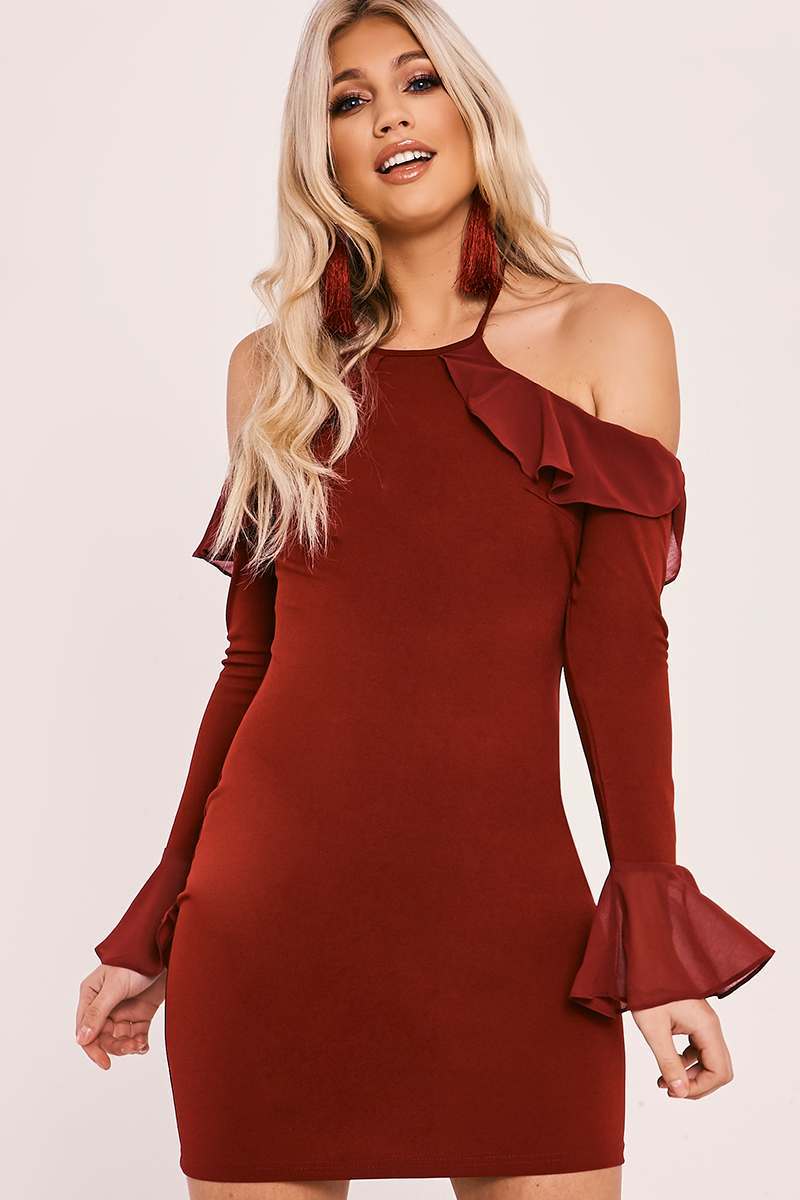 burgundy long sleeve cold shoulder frill mini dress