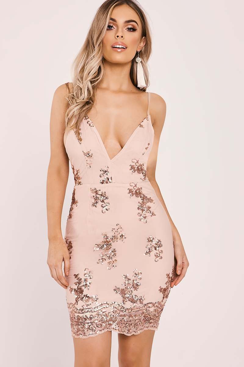 rose gold sequin floral bodycon dress
