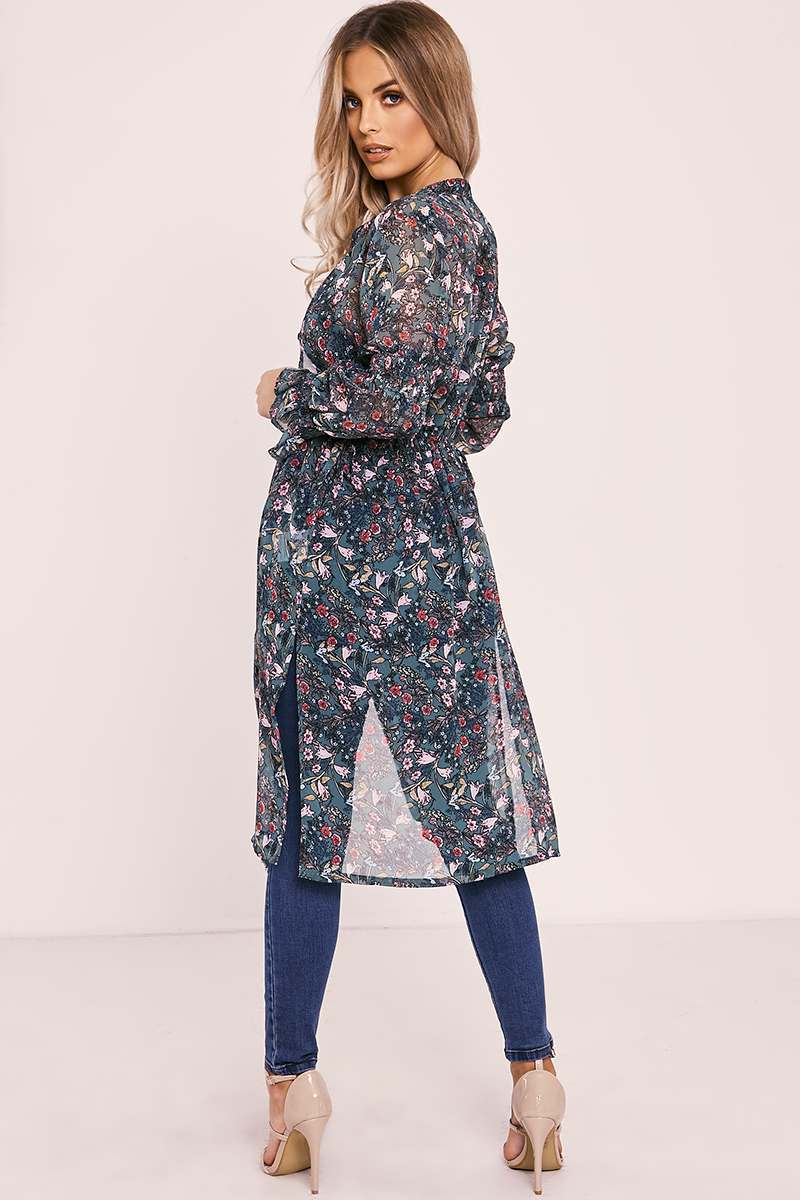 Ellyson Green Floral Sheer Overlay Shirt Dress | In The Style USA