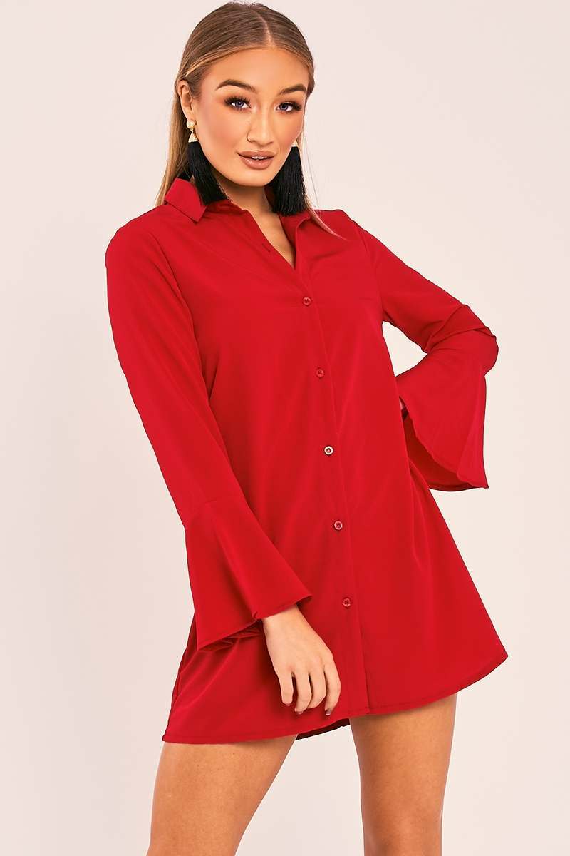 red flared sleeve silky shirt dress