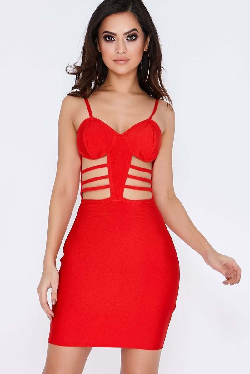 COLEENA RED CUT OUT STRAPPY BANDAGE DRESS