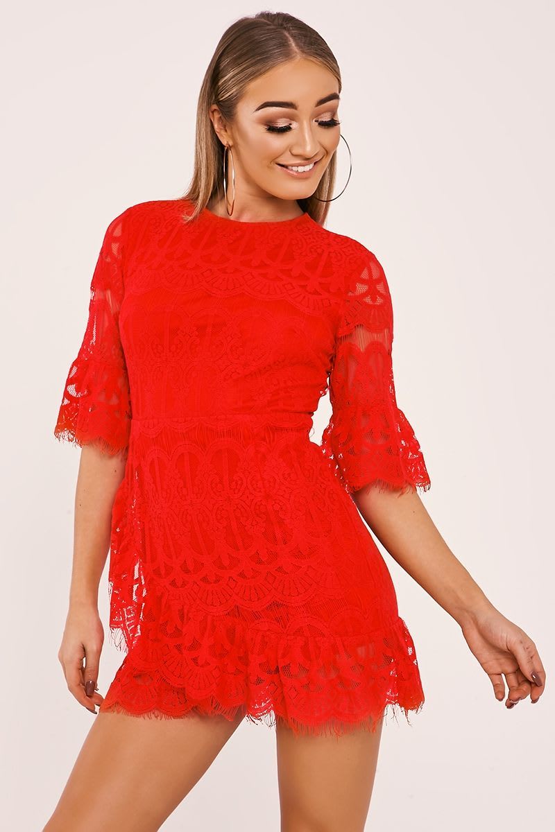 red lace sleeved frill hem dress