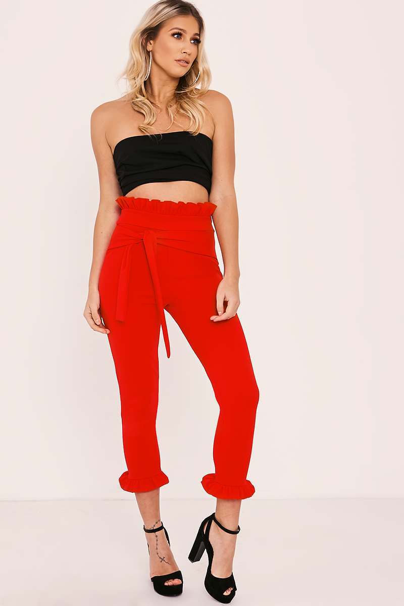 red frill hem trousers