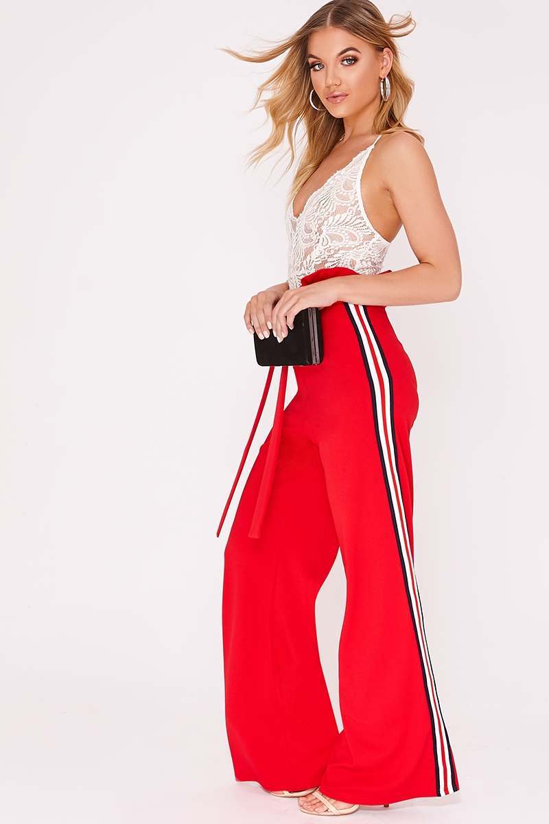 red sports stripe wide leg paperbag trousers