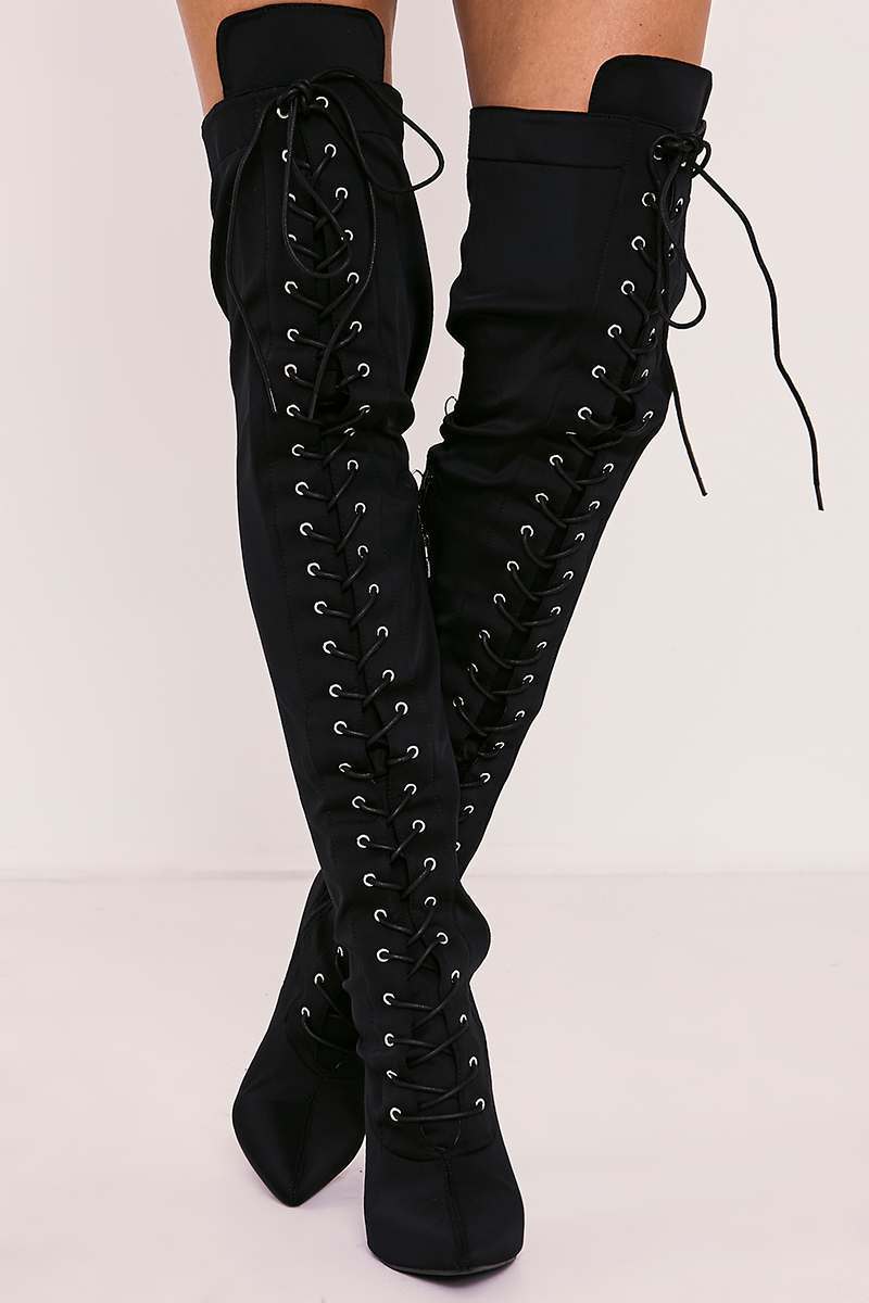 black lace up front over the knee heeled boots