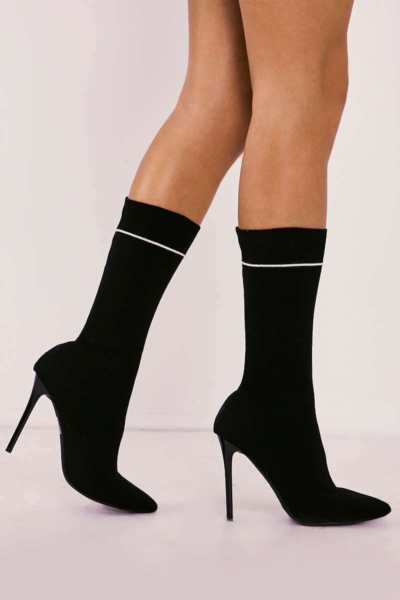 black knitted stripe pointed ankle boots