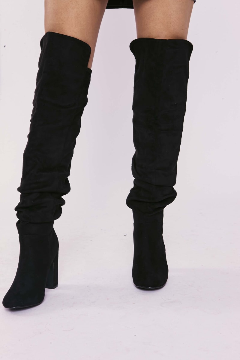 black faux suede ruched over the knee heeled boots