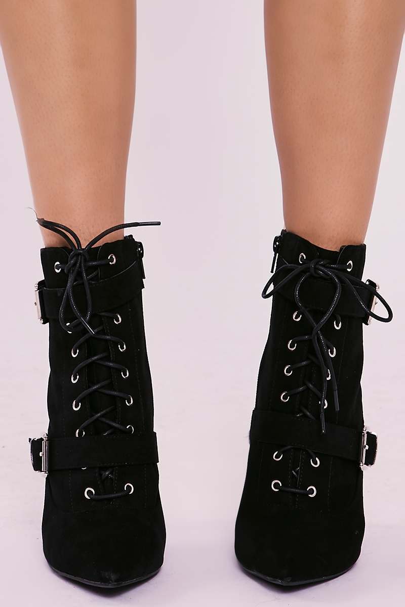 safety condom Children Rowan Black Faux Suede Lace Up Heeled Ankle Boots | In The Style USA