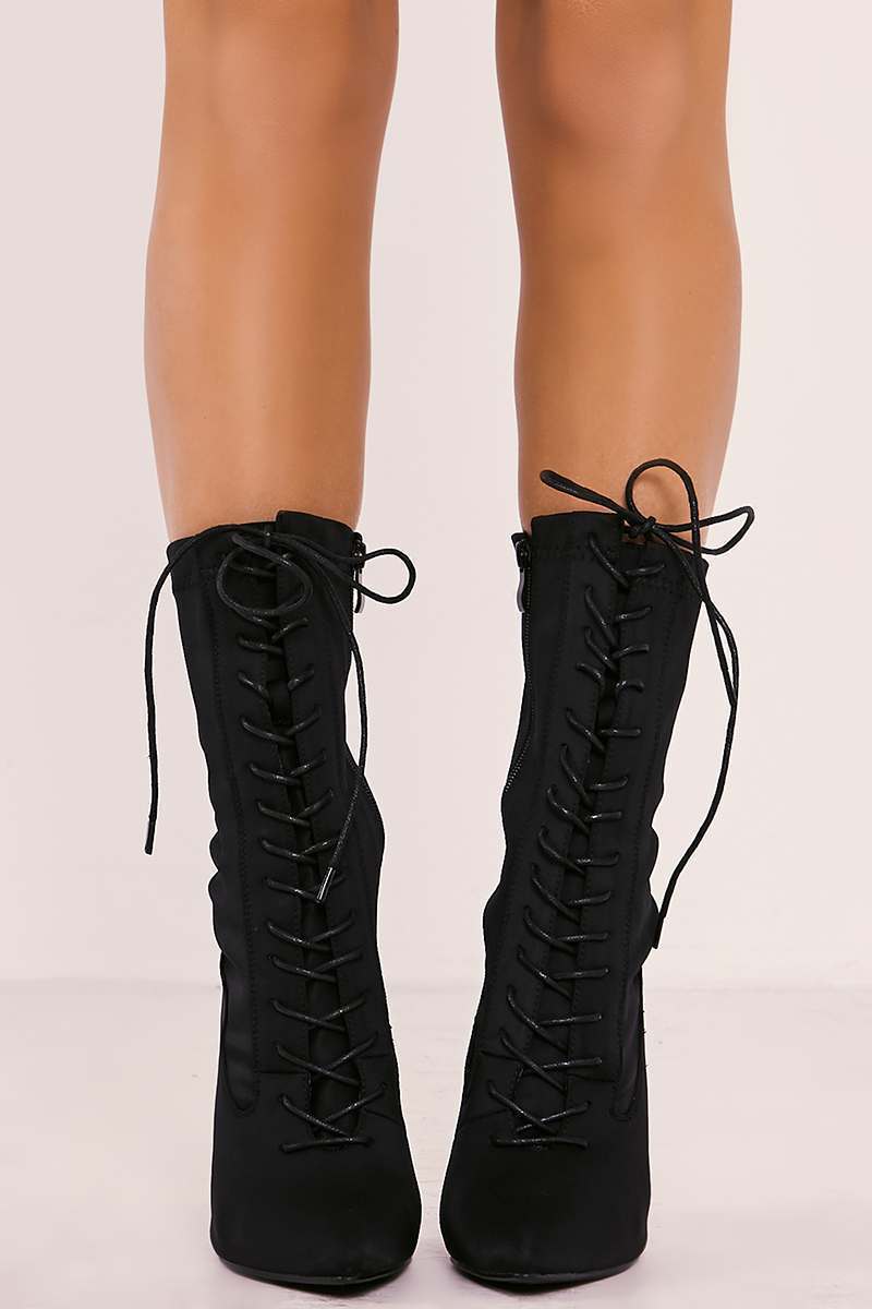 Stassi Black Lace Up Heeled Sock Boots 