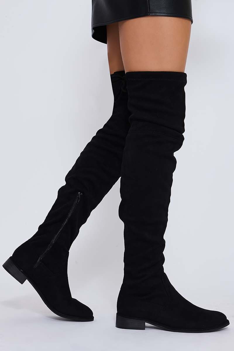 black stretch faux suede over the knee boots