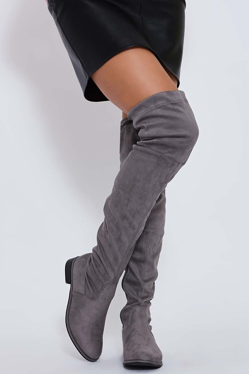 Grey Suede Over The Knee Flat Boots Reduced, 66% OFF | aarav.co