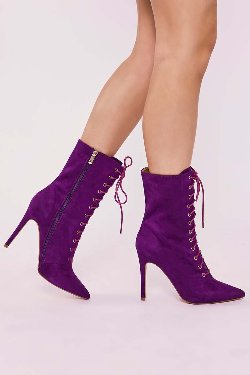 purple faux suede lace up heeled ankle boots