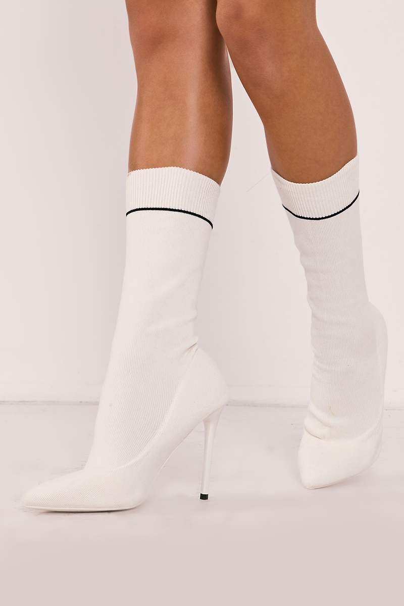 white knitted stripe pointed ankle boots