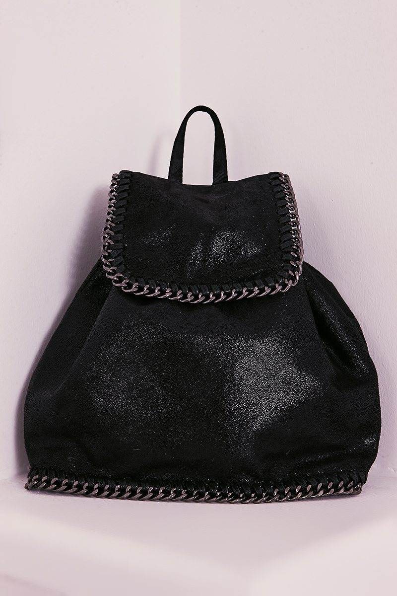 BLACK FAUX SUEDE CHAIN TRIM BACKPACK 
