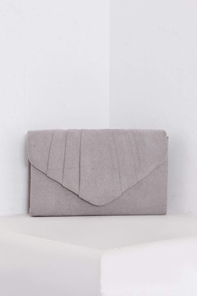 GREY FAUX SUEDE FOLD OVER CLUTCH BAG
