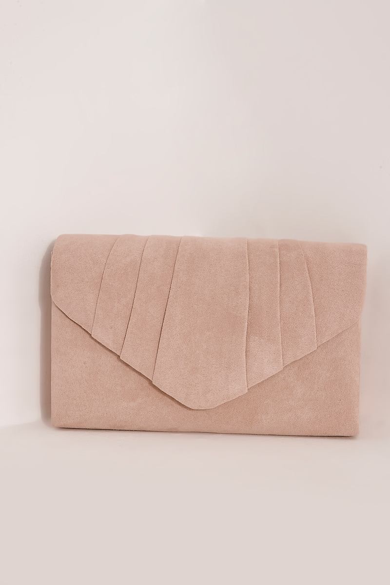 NUDE FAUX SUEDE FOLD OVER CLUTCH BAG