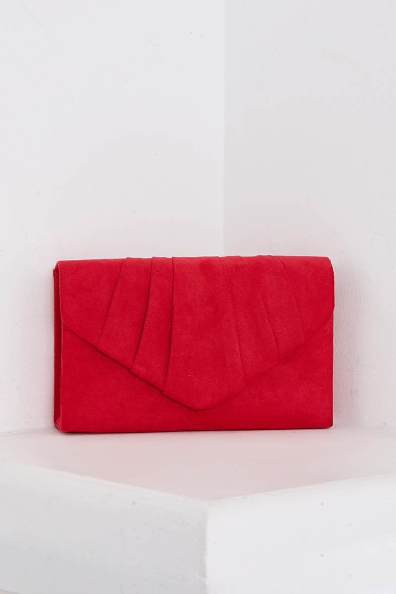 RED FAUX SUEDE FOLD OVER CLUTCH BAG