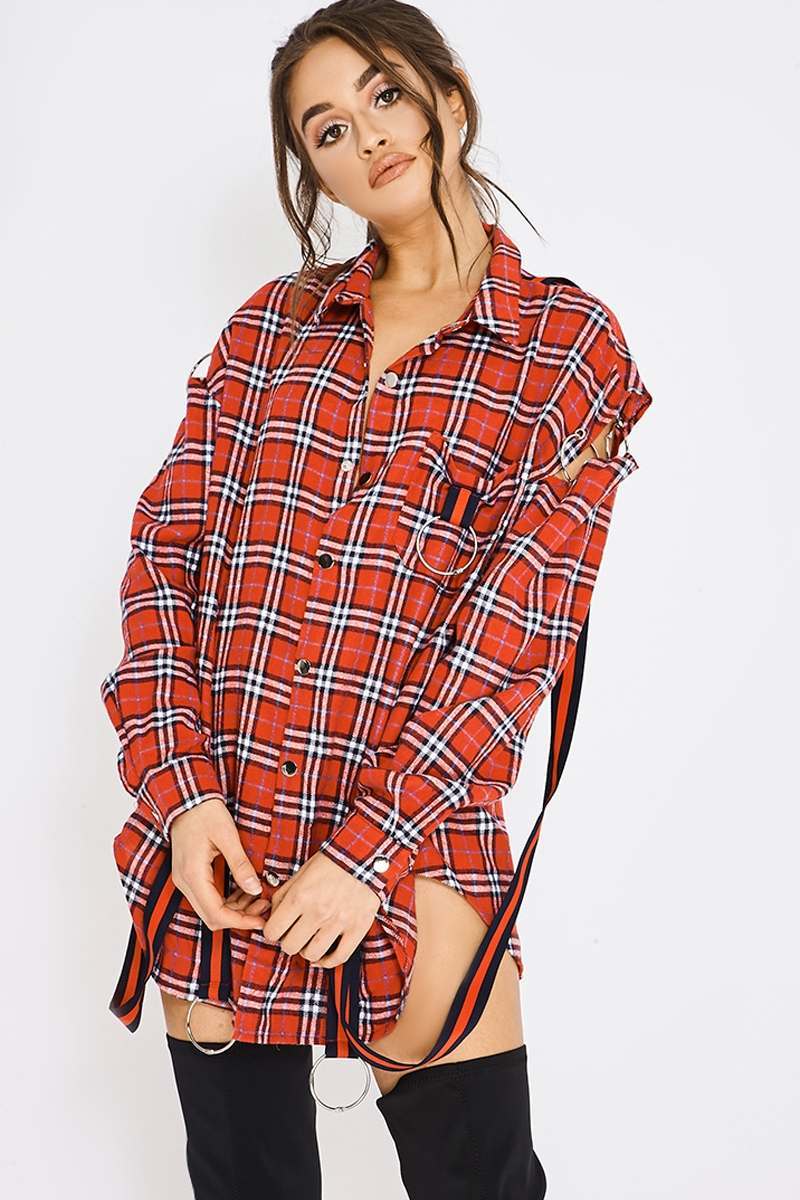 PIA MIA RED FLANNEL CHECK HOOP DETAIL SHIRT DRESS 