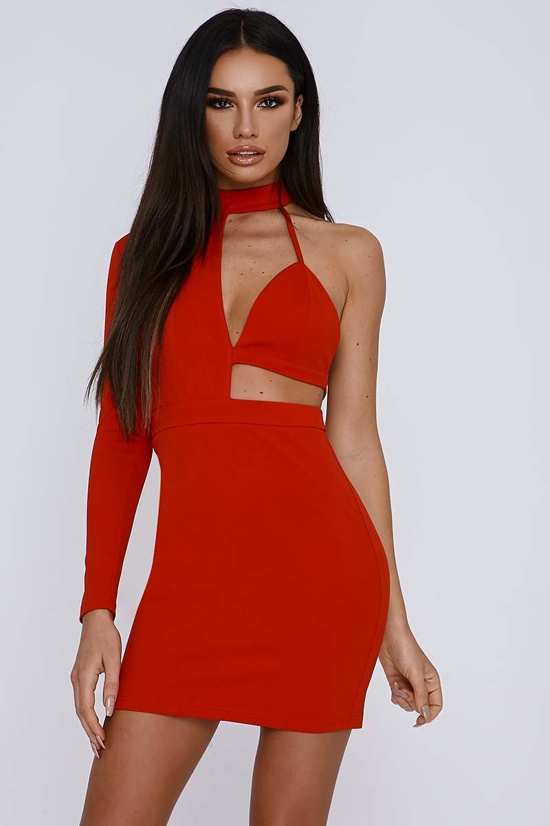 red asymmetric high neck mini dress