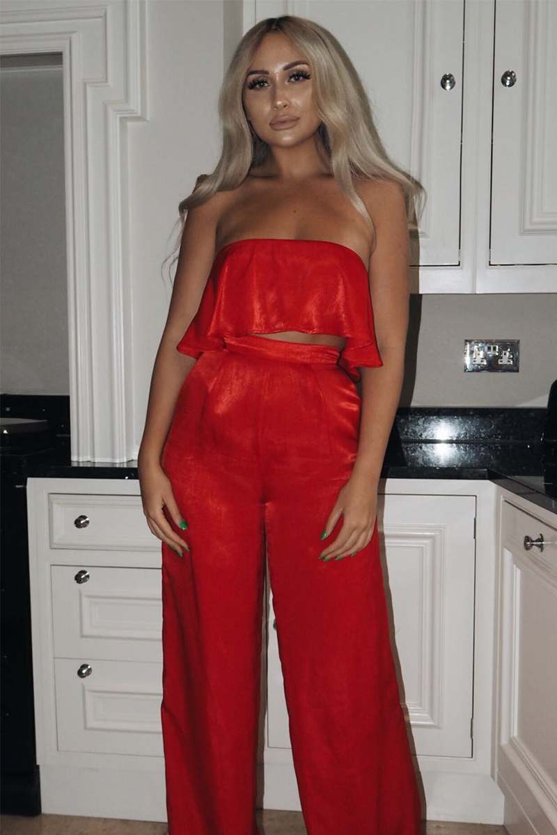 red satin co-ord palazzo trousers