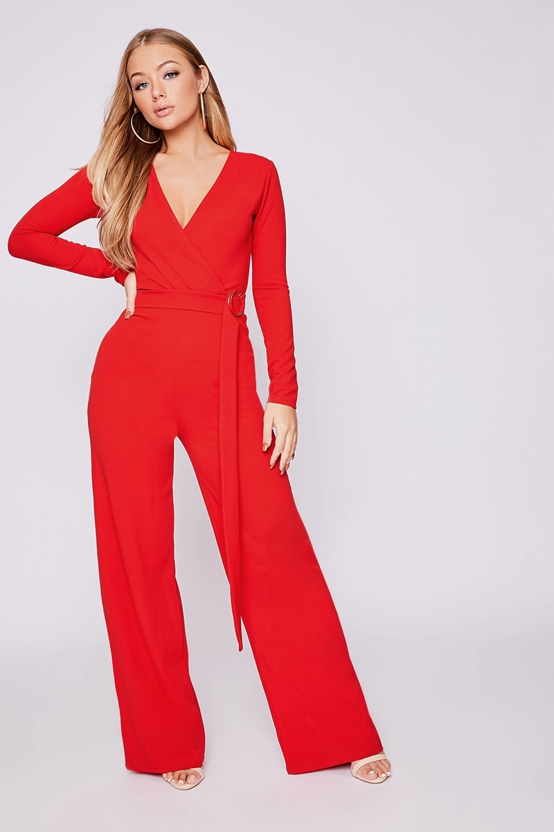 BILLIE FAIERS RED LONG SLEEVE RING DETAIL PALAZZO JUMPSUIT