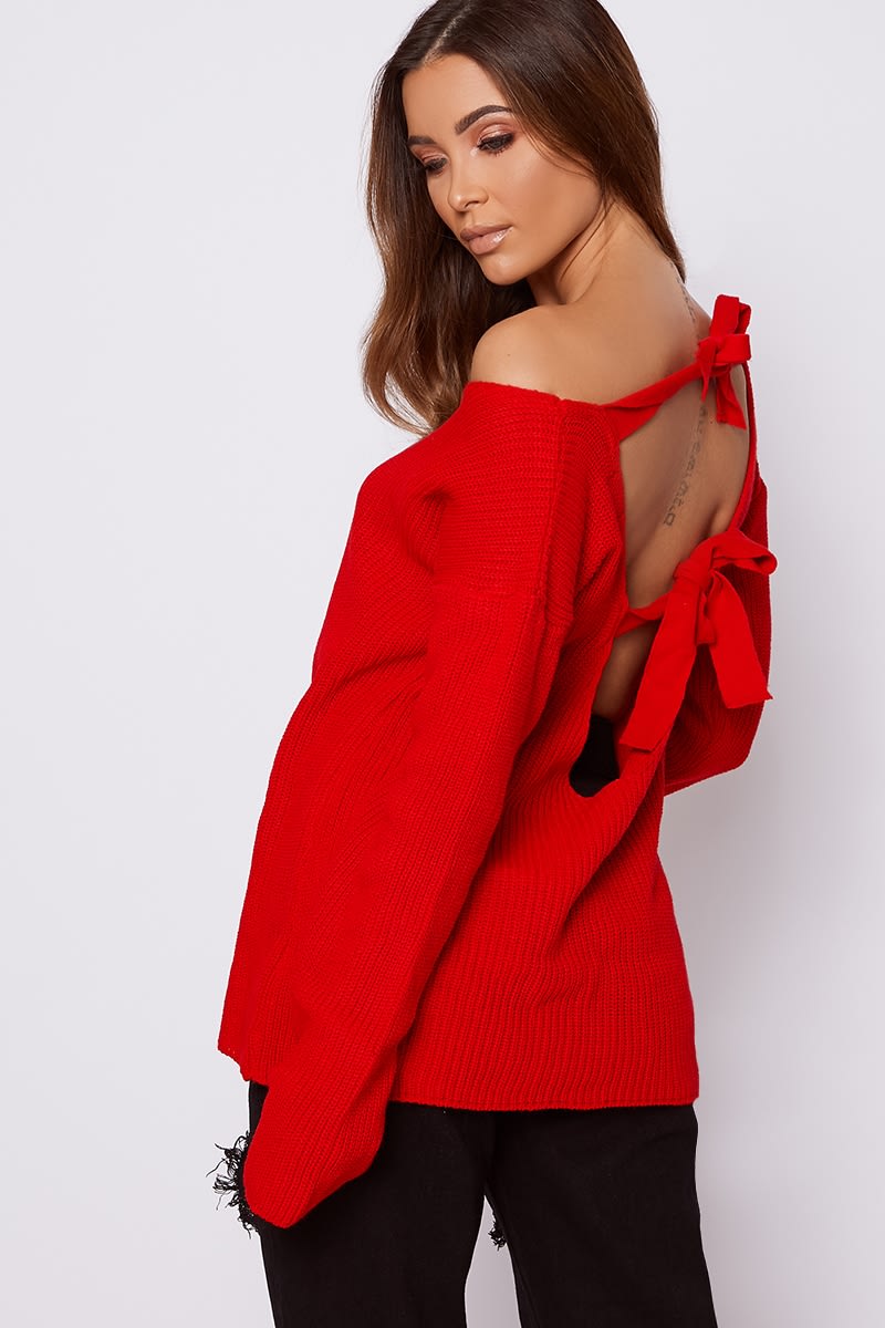 the red open tie back knitted jumper