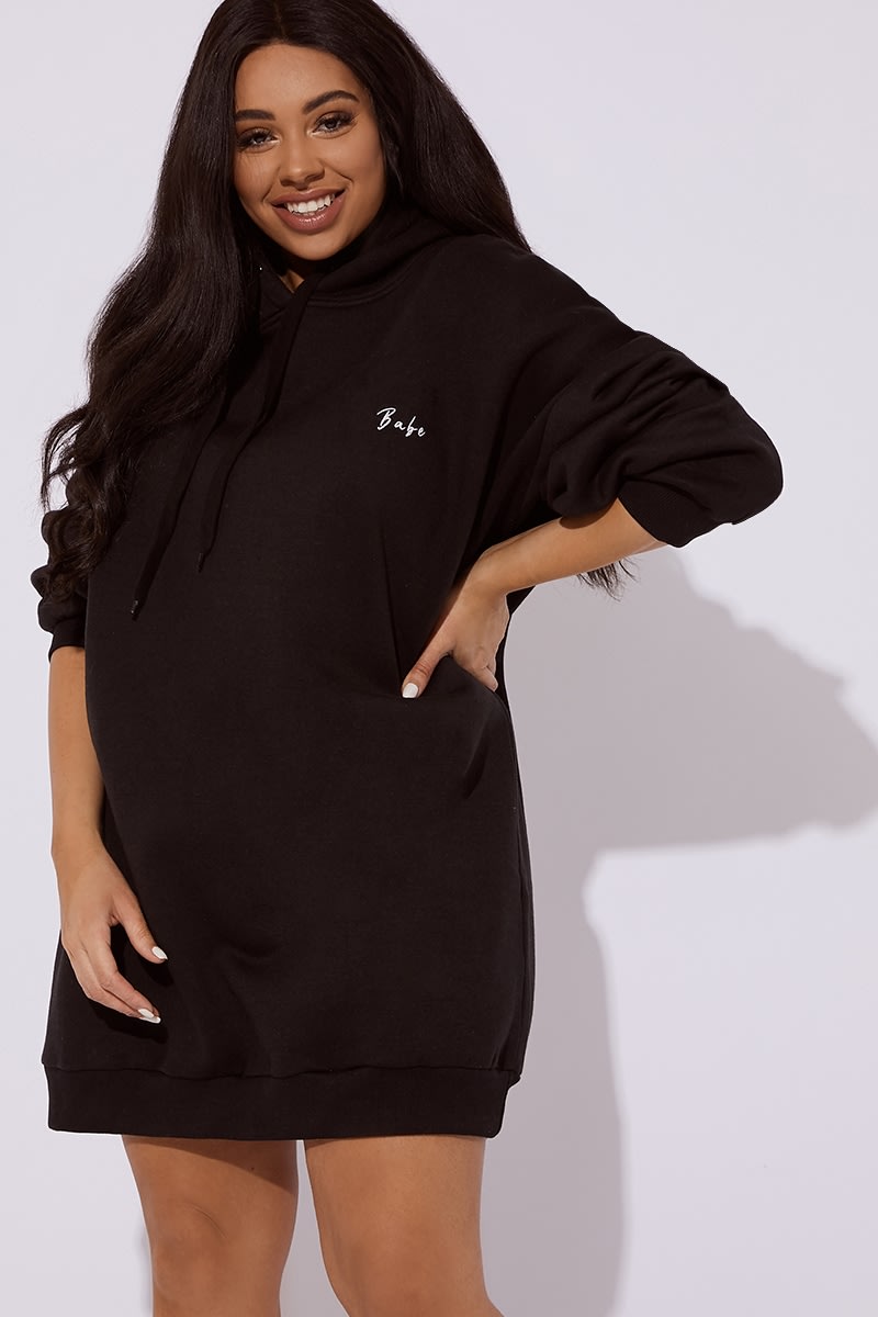 CURVE BABE BLACK EMBROIDERED OVERSIZED HOODIE DRESS